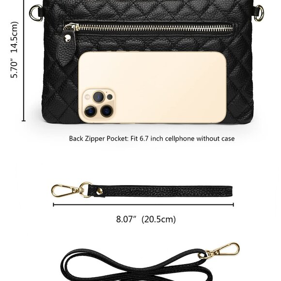 Genuine Leather Crossbody Bags for Women Wristlet- Crossbody Black Quilted - Picture 6 of 8